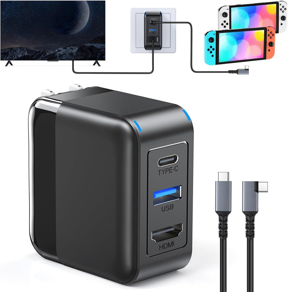 Switch 2/ Switch/ USB Type-C 器材通用一體化影音輸出 + 充電多功能轉換器